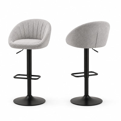 Tabouret de bar tissu gris clair Lomma (Lot de 2) | Coque tonneau, dossier cannelé, pivotant 360°, réglable 52 à 72 cm - vue 1