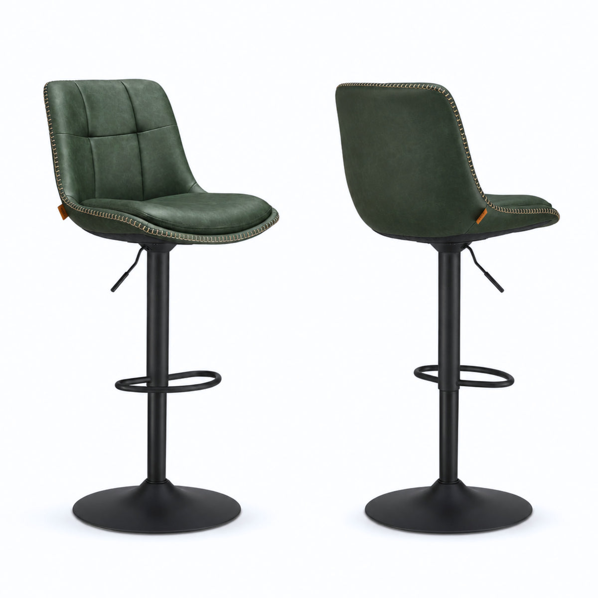 Tabouret de bar vert forêt Viborg (Lot de 2) | Simili-cuir matelassé surpiqué, pivotant 360°, réglable 62 à 84 cm