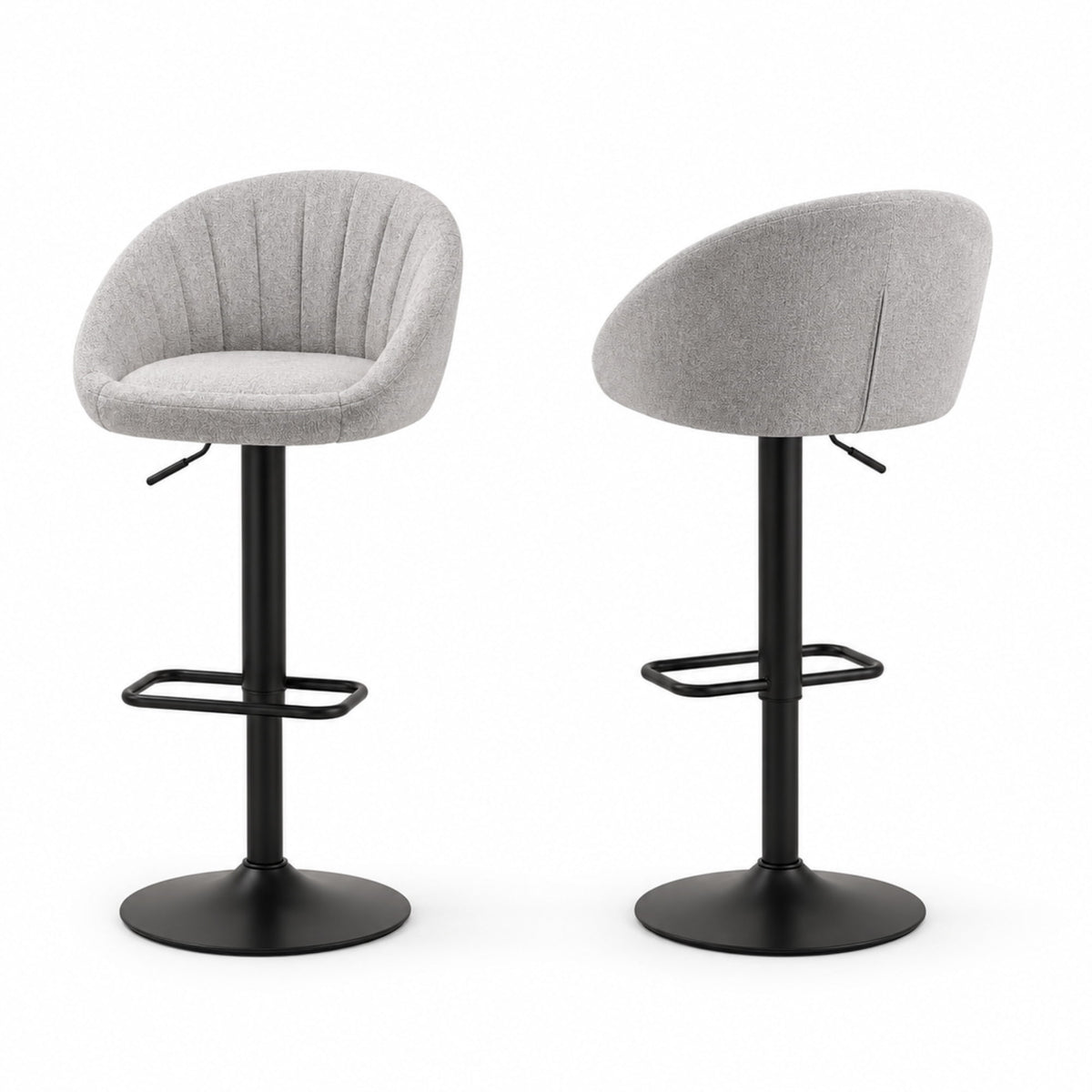 Tabouret de bar tissu gris clair Lomma (Lot de 2) | Coque tonneau, dossier cannelé, pivotant 360°, réglable 52 à 72 cm
