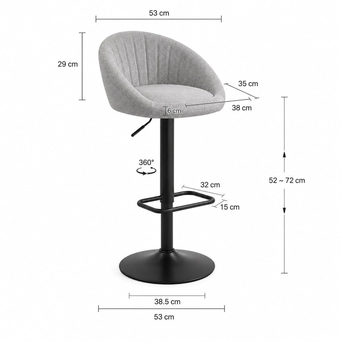 Tabouret de bar tissu gris clair Lomma (Lot de 2) | Coque tonneau, dossier cannelé, pivotant 360°, réglable 52 à 72 cm dimensions et cotes