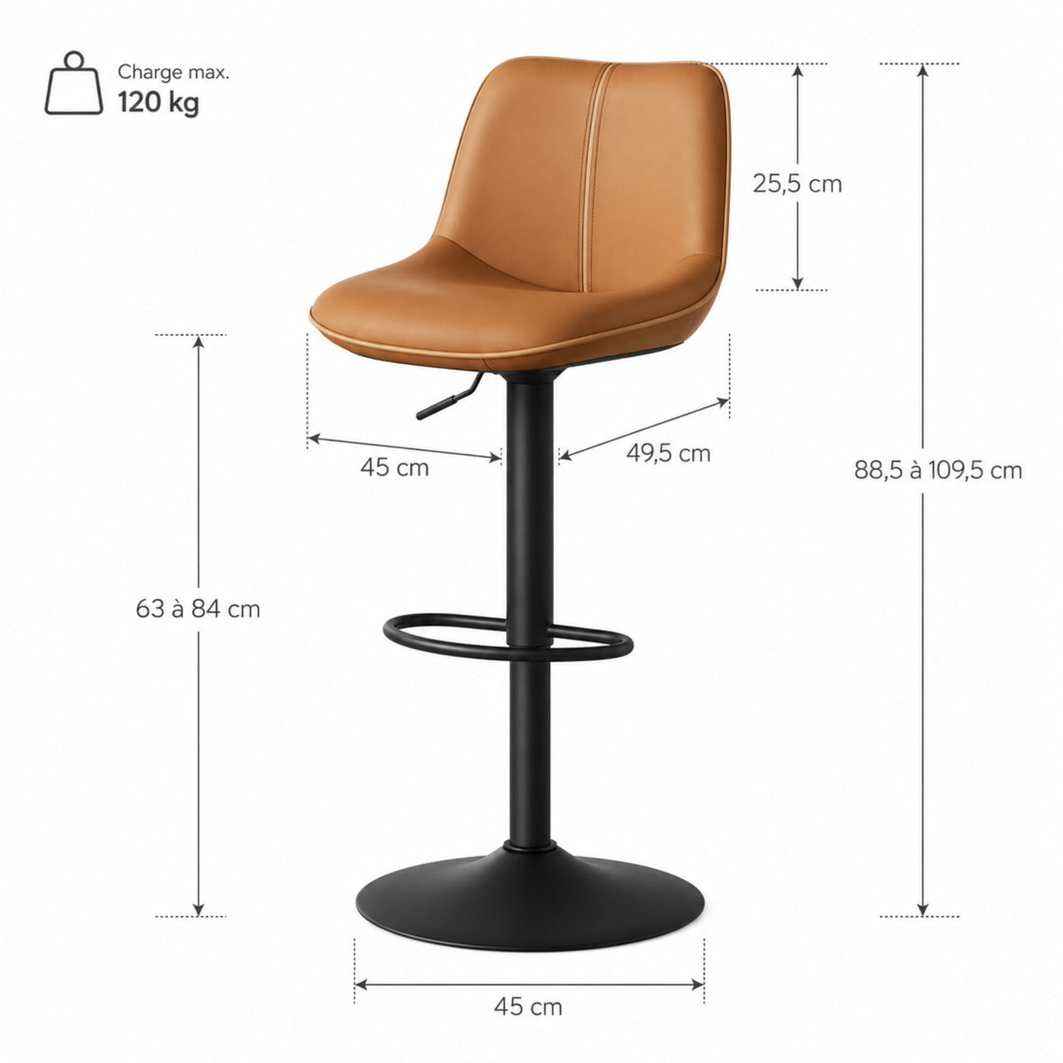 Chaise de bar simili-cuir cognac Larvik (Lot de 4) | Dossier ergonomique, pivotante 360°, réglable 63 à 84 cm dimensions et cotes