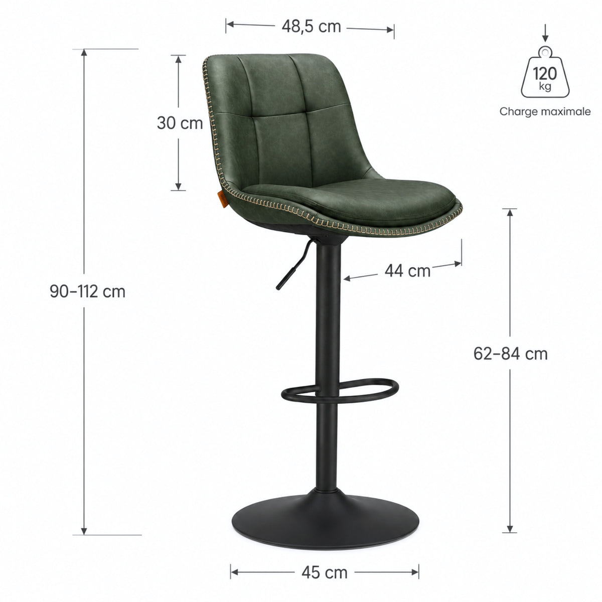 Tabouret de bar vert forêt Viborg (Lot de 2) | Simili-cuir matelassé surpiqué, pivotant 360°, réglable 62 à 84 cm dimensions et cotes