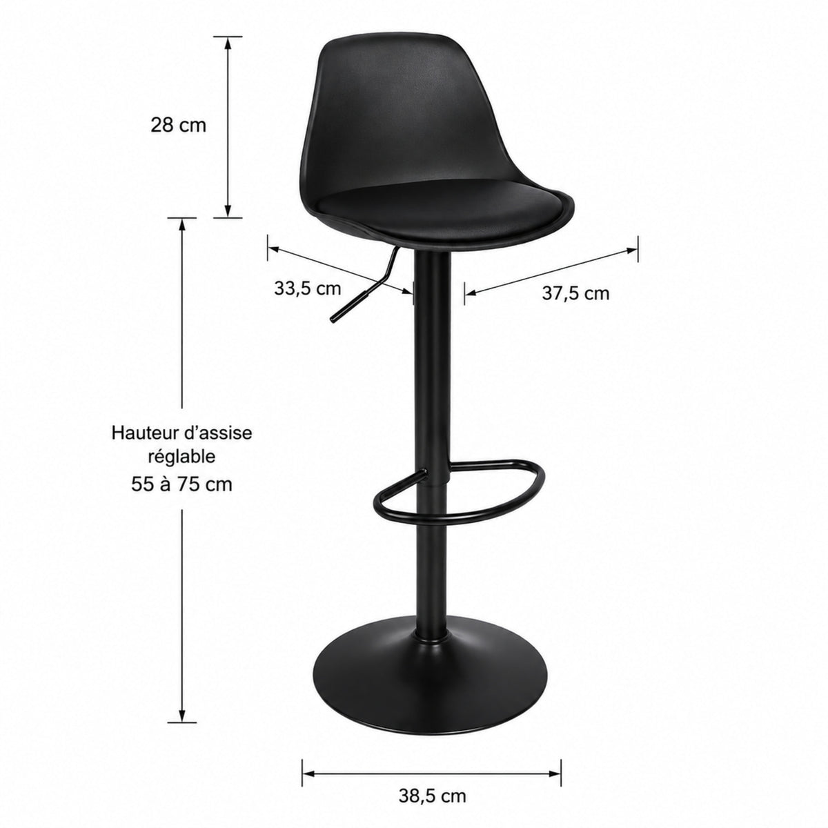 Tabouret de bar scandinave noir Visby (Lot de 4) | Coque moulée design, pivotant 360°, réglable 55 à 75 cm dimensions et cotes